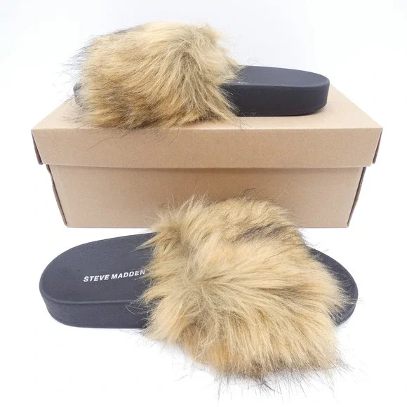 Steve Madden Shaggy Brown Multi Faux Fur Slide Sandals SHAG01S1 Womens 9 - Picture 2 of 6